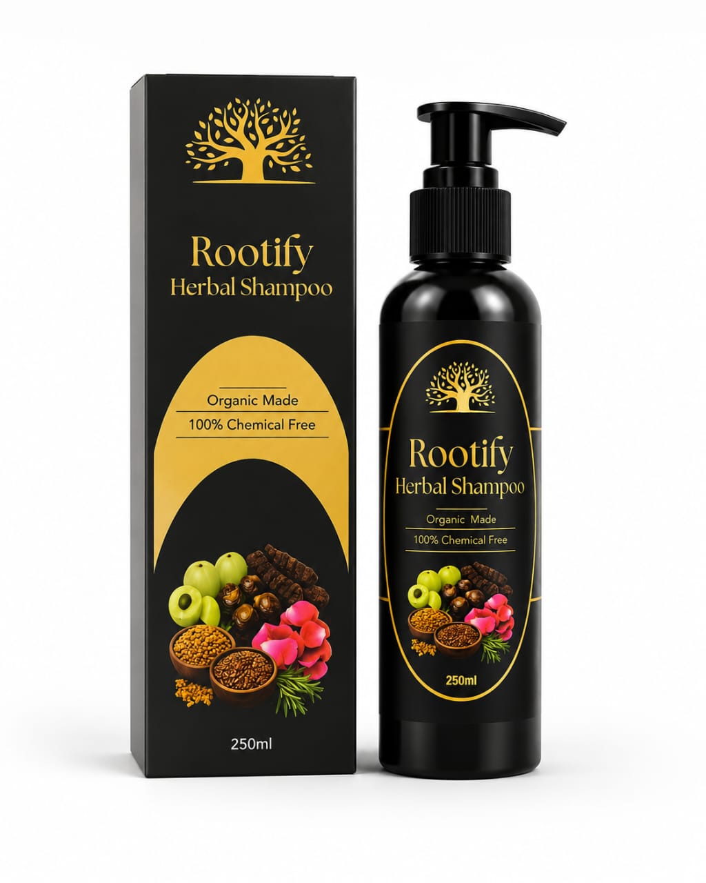 Rootify Herbal Shampoo – 100% Organic & Chemical-Free for Hair Fall & Growth (120/250 ML)