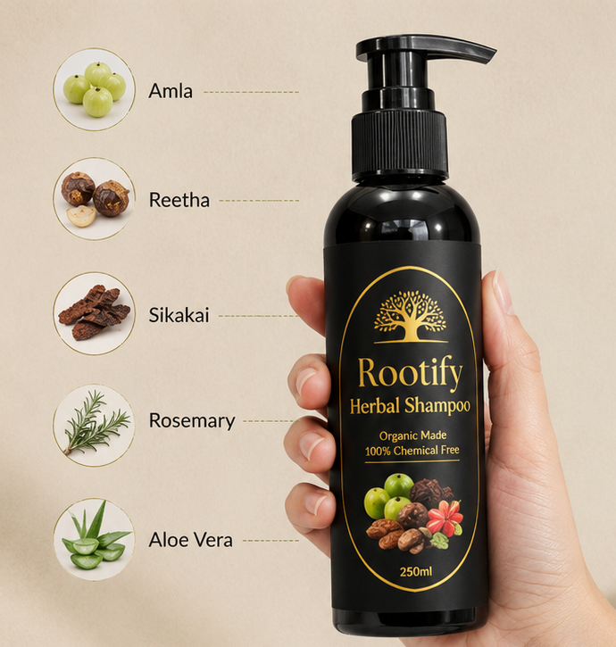 Rootify Herbal Shampoo – 100% Organic & Chemical-Free for Hair Fall & Growth (120/250 ML)