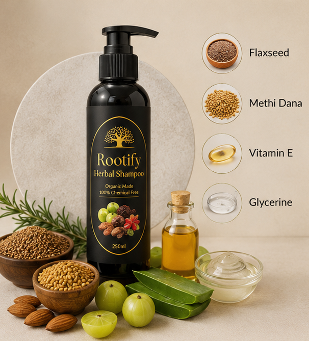 Rootify Herbal Shampoo – 100% Organic & Chemical-Free for Hair Fall & Growth (120/250 ML)